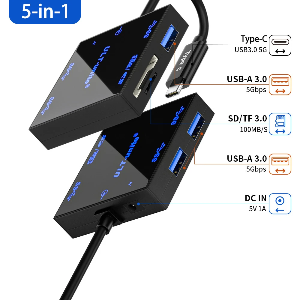UTHAI TZ08 USB 3.0 Five in One Expansion Dock Portable USB 3.0 Light Emitting HUB SD/TF Multi Port External Expansion Dock