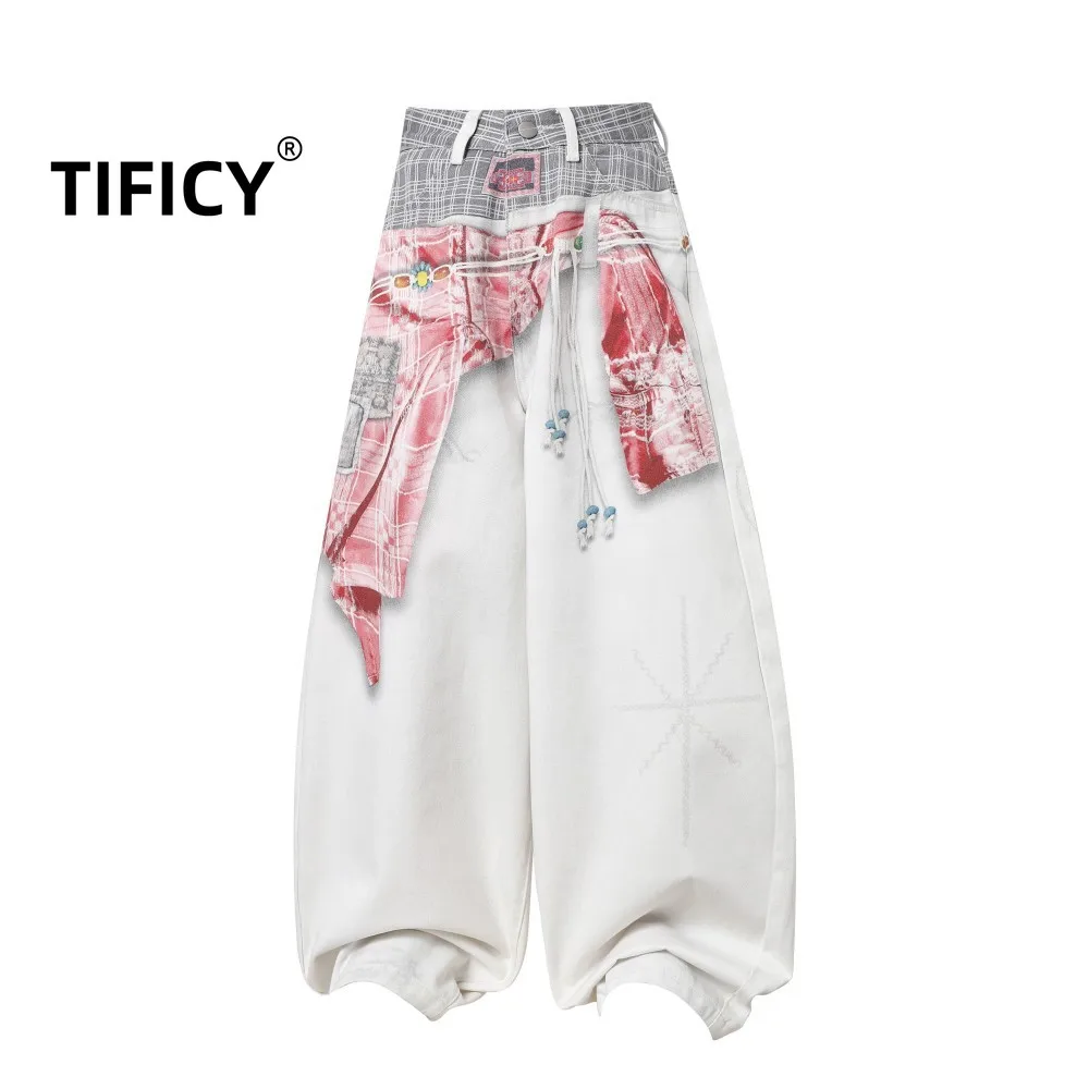 High Street Grid Splicing Deconstructive Style Wide Leg Jeans Pants Men's Drawstring Decoration Retro Casual Loose Denim Pant