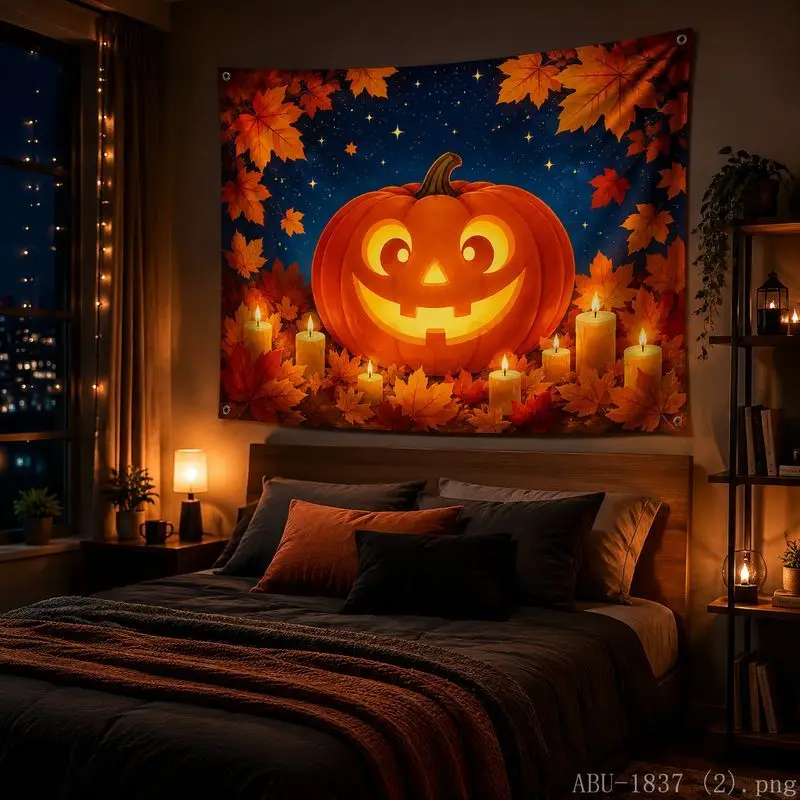 VIKAMA Halloween Pumpkin Candle Maple Leaf Bat Tapestry, Spooky Moon Wall Hanging for Bedroom, Aesthetic Party Wall Decor