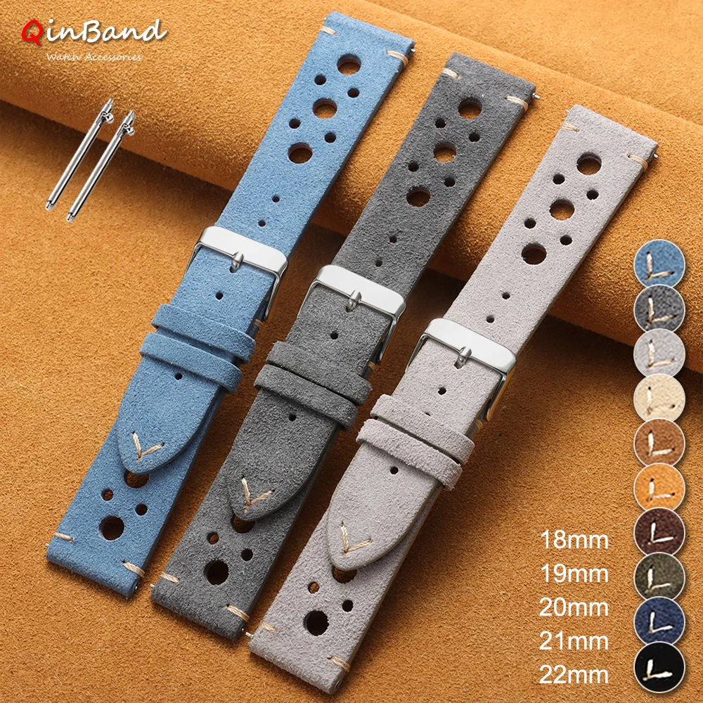 Vintage Porous Suede Leather Watch Strap Quick Release Calfskin Watchband 18/19/20/21/22mm Replacement Bracelets with Pin Buckle