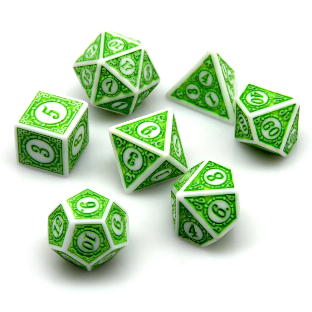 7Pcs White Green Acrylic Polyhedral Dice Set Retro Pattern DND RPG Dice For Tabletop Role Playing Board Game Accessories