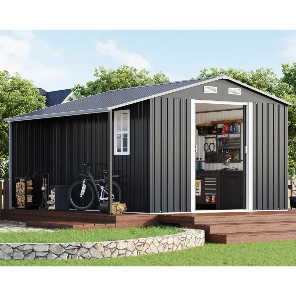 

10.6x10.3x6.3 FT Galvanized Metal Storage Shed with Open Firewood Storage Area, Sliding Doors & Ramp, 2 Windows & Vents