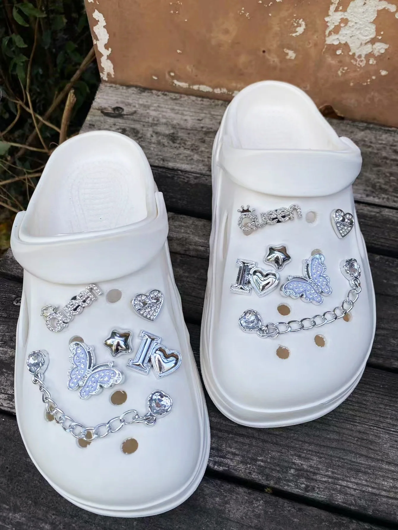 12 ABS silver chains, butterflies, letters, stars, hearts, suitable for women's sandals, slippers, shoes with holes, and other i
