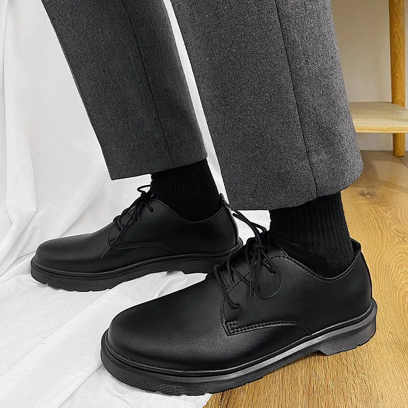 Men Women 35-48 Boys Girls Unisex British Preppy Style Matt Black Leather School Students Anti Slip Oxfords Casual Shoes Boots
