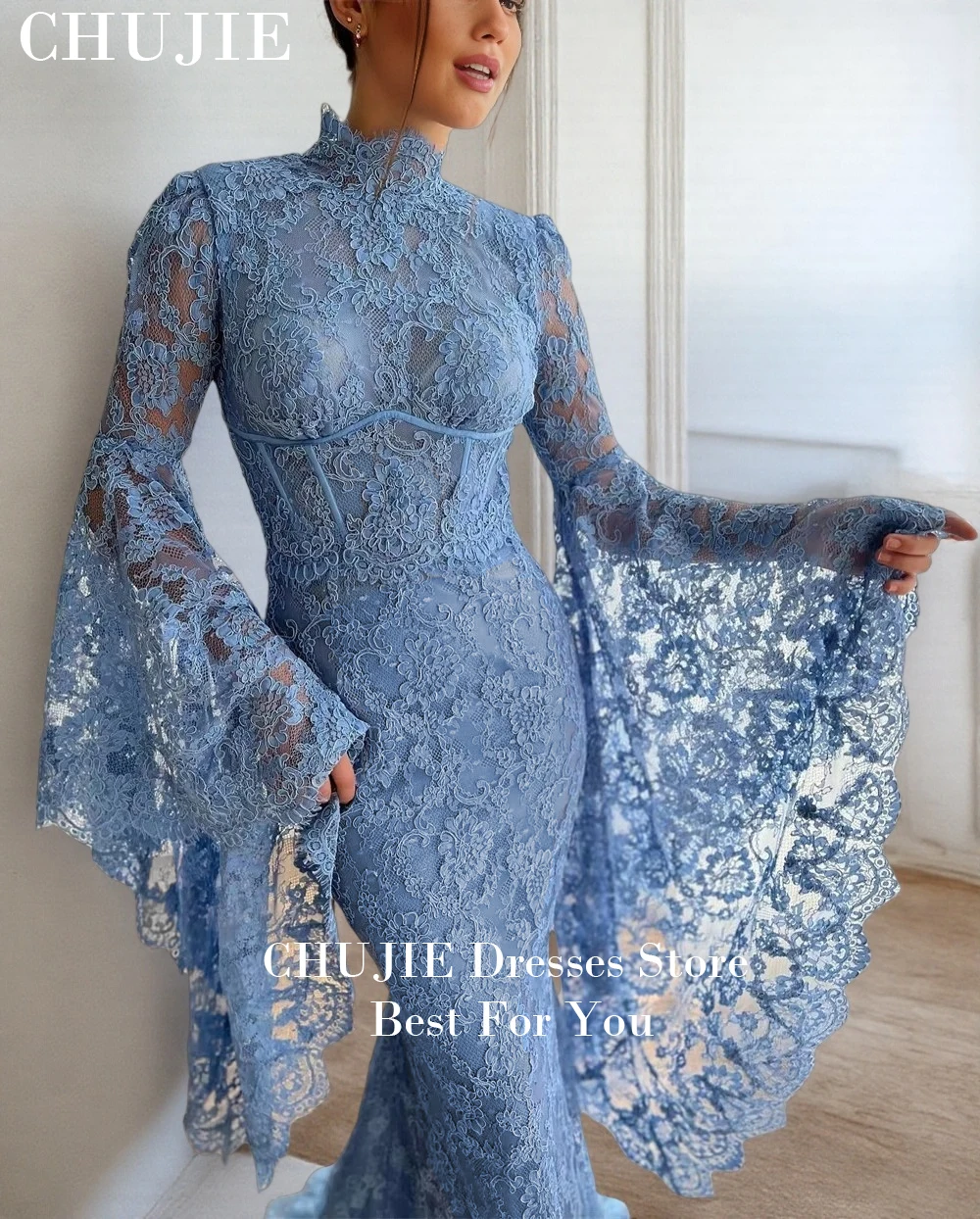 Blue Full Lace Dubai Customized Evening Dress High Neck Flared Sleeves Prom Dresses Mermaid Vestidos De Noche Formal Gowns image 3