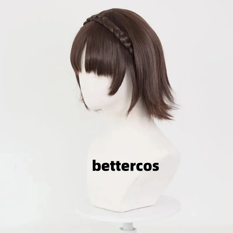 P5 มาโคโตะ นิอิจิมะสีน้ำตาลคอสเพลย์ถักเปียวิกผมสังเคราะห์ทนความร้อน + หมวกวิกผม F;H7. '6FK;8