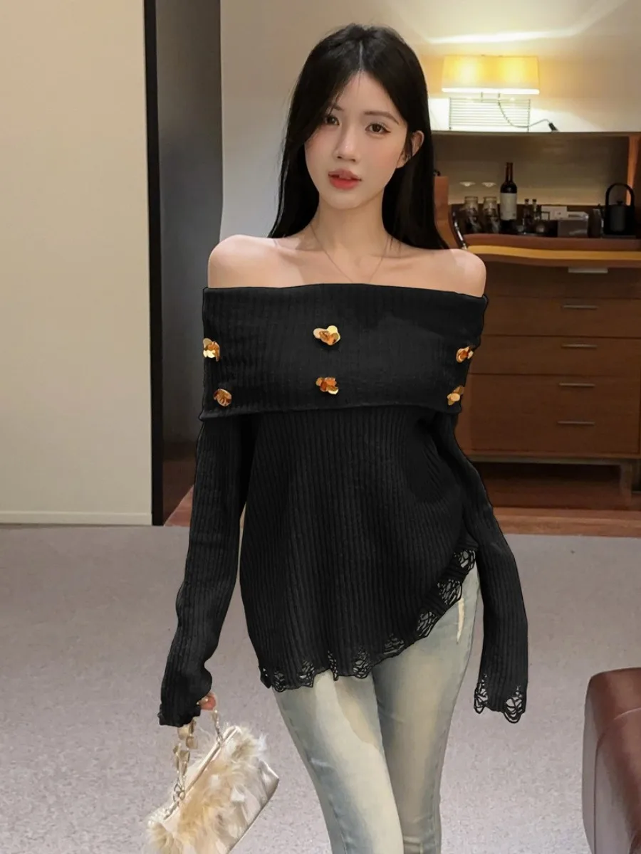 Fashionable Simplistic Long Sleeve Floral 3D Shoulder Base Shirt Autumn New Style Slimming Top Quality Knitted Daily Wear for...