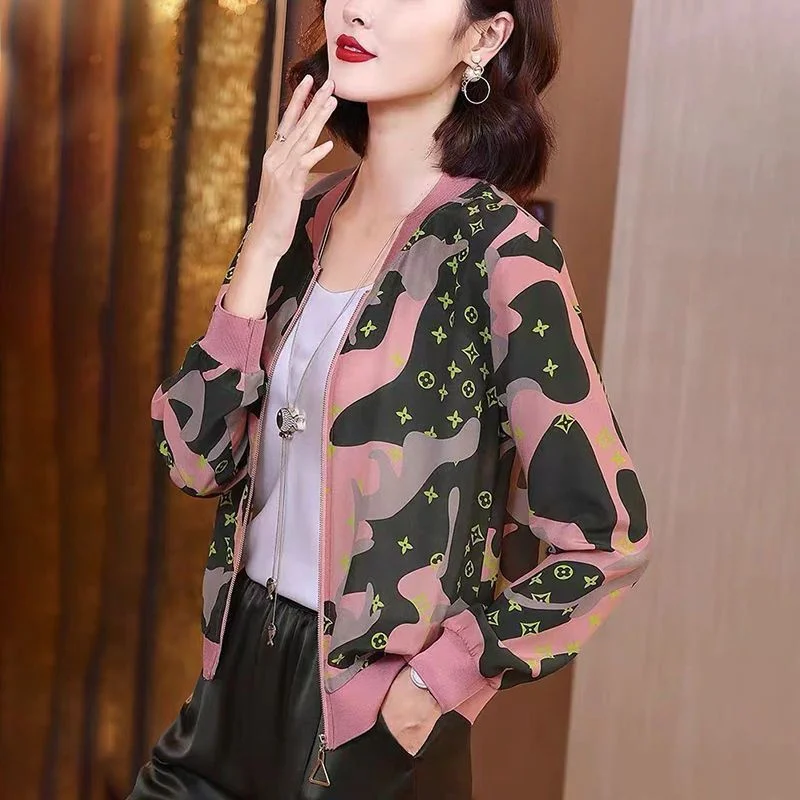Mom's Long Sleeve Sunscreen Top 2024 Spring/Summer Female New Jacquard Silk Short Coat Women Loose Baseball Suit Casual Jacket
