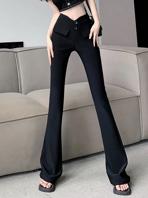 

Button Decoration Elastic Waist Black Flared Pants Skinny Style Lady Fashion Pant Women Trousers Casual Hipster Streetwear A141