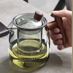 480ML Heat Resistant Glass Teapot With Wood Handle Infuser Heated Container Tea Pot Flower Tea Kettle Tea Maker
