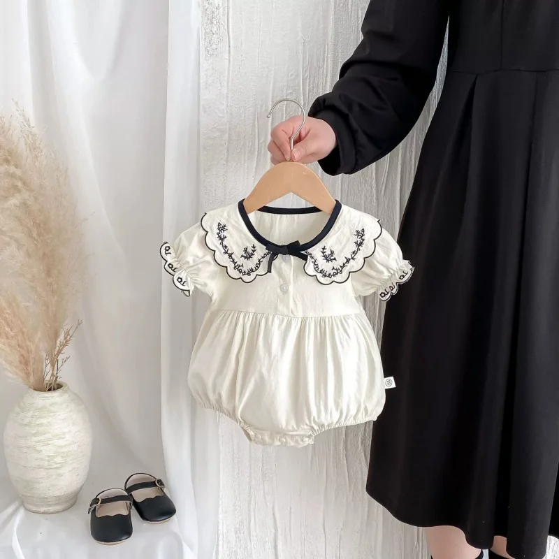 2025 جديد الصيف الوليد طفلة رومبير قصيرة الأكمام القطن التطريز الرضع طفل الفتيات بذلة 0-24 متر طفل الفتيات الملابس