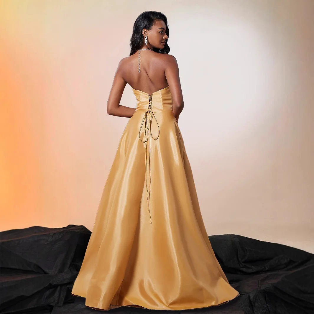 Vestidos de noche largos sexys de una línea, sin tirantes, de satén, sin mangas, apliques, vestidos de fiesta hasta el suelo con abertura alta, personalizados gratis 2025