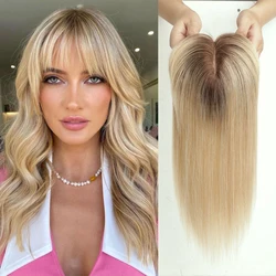 Blonde 100% Remy Human Hair Toppers with Bangs Dark Root Silk Base Clips in HairPieces Human Hair Extensions for Women 10 Inches