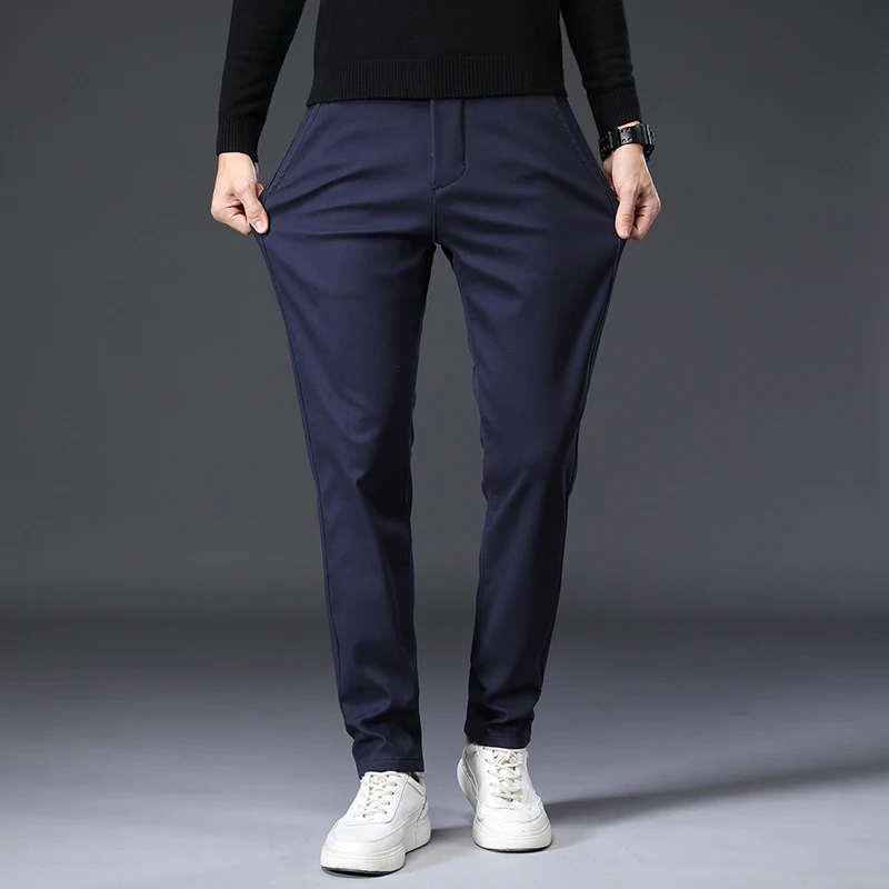 Pantalones de traje de negocios térmicos para hombre, pantalones elásticos de lana gruesa para oficina, ropa de marca, invierno, nuevo, 2024