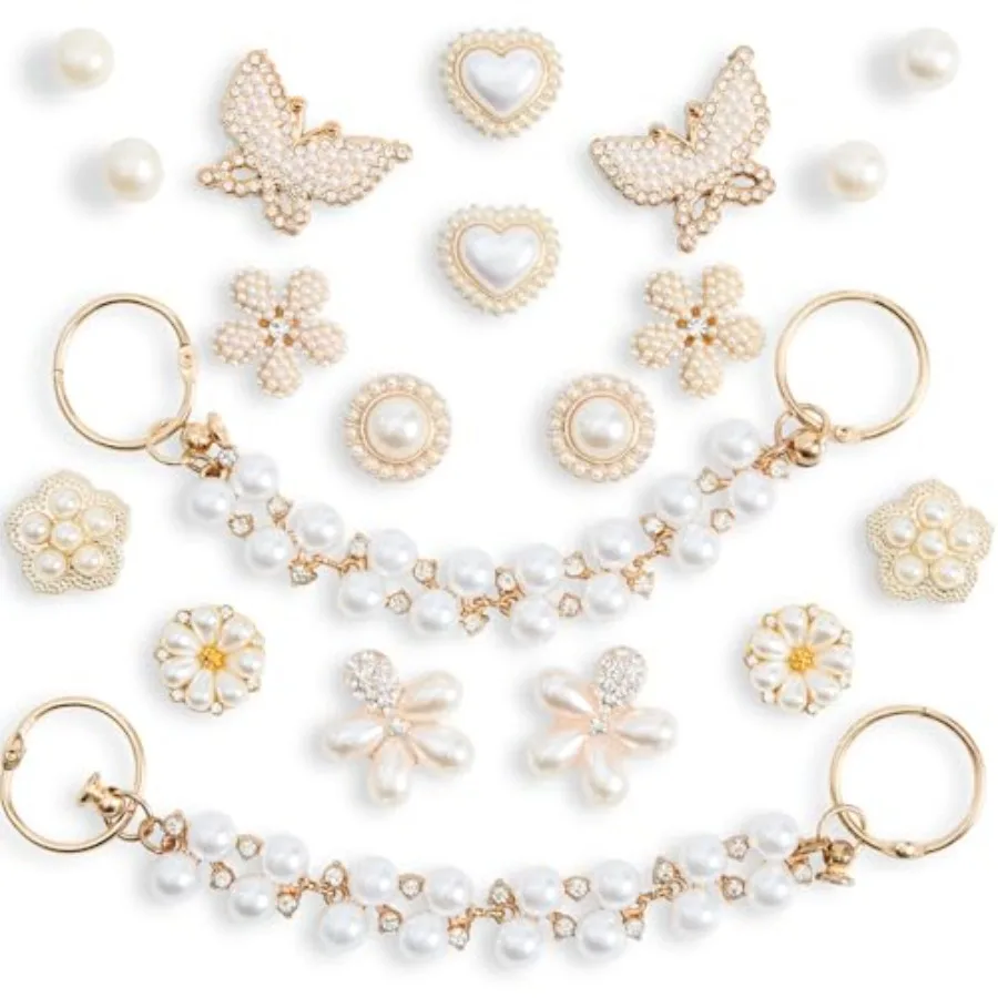 

20 Pcs Rhinestone and Pearl Shoe Charm Set, Including Butterfly, Flower and Chain Designs for Clogs and Sandals - Cute Accessor