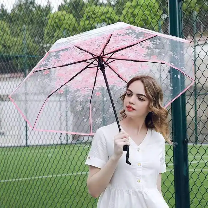 Cherry Blossom Transparent Umbrella Women 3 Fold Clear PVC Rain Parasol Sakura Print Compact Folding Umbrella for Travel