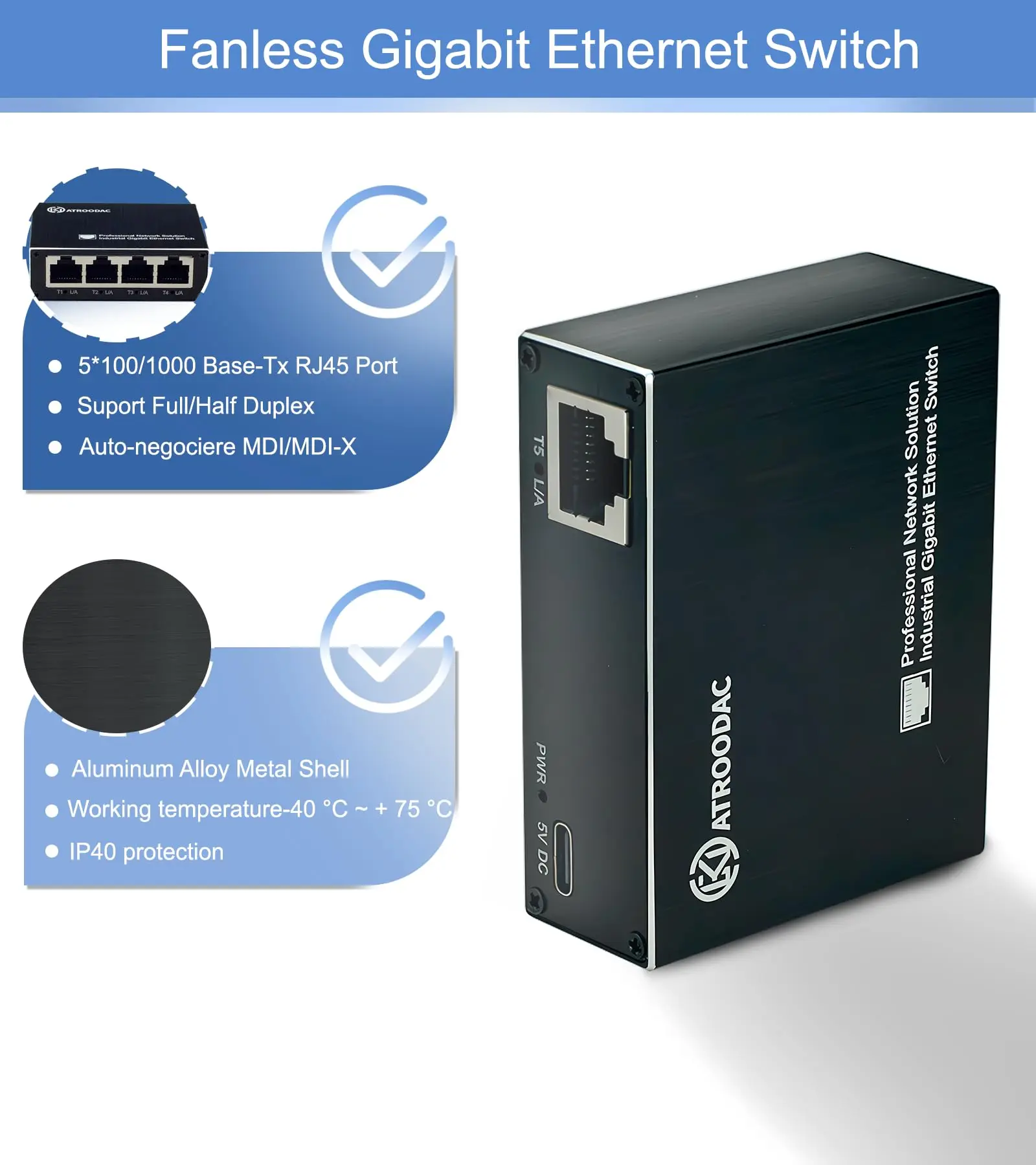 Mini Ethernet Switch 5-Port Gigabit Industrial Switch 10/100/1000 Mbps Unmanaged Plug and Play Network Hub Desktop Design