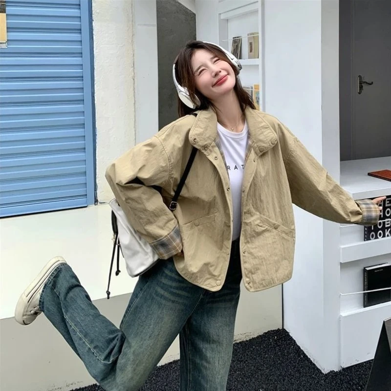 

​2025 New Korean Style Reversible Jacket for Women Petite Short Sleeve Checkered Design Versatile Coat for Spring Autumn​