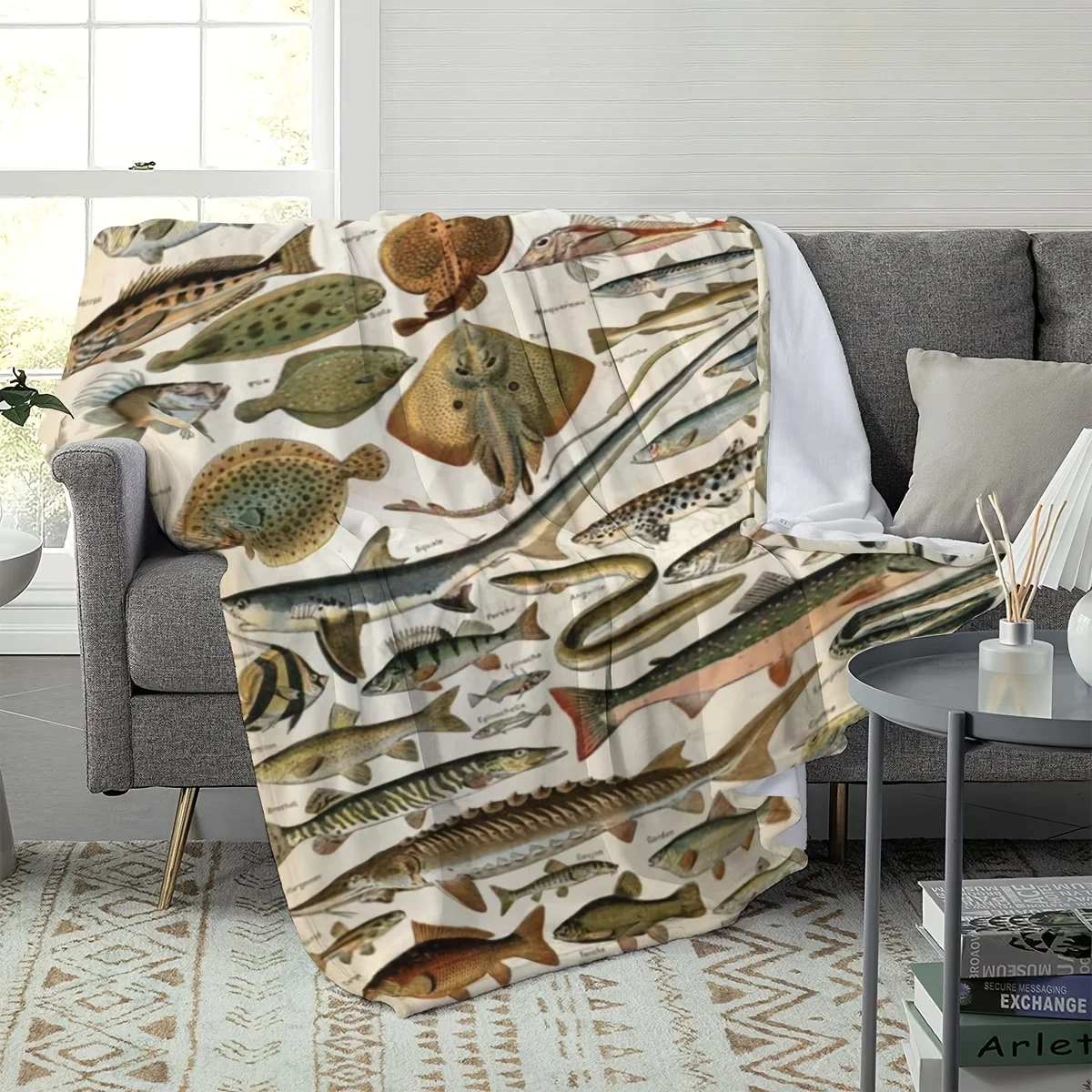 1 Modern Fish Collection Flannel Fleece Blanket - All Seasons Polyester Knit Digital Print Stain Resistant Lightweight