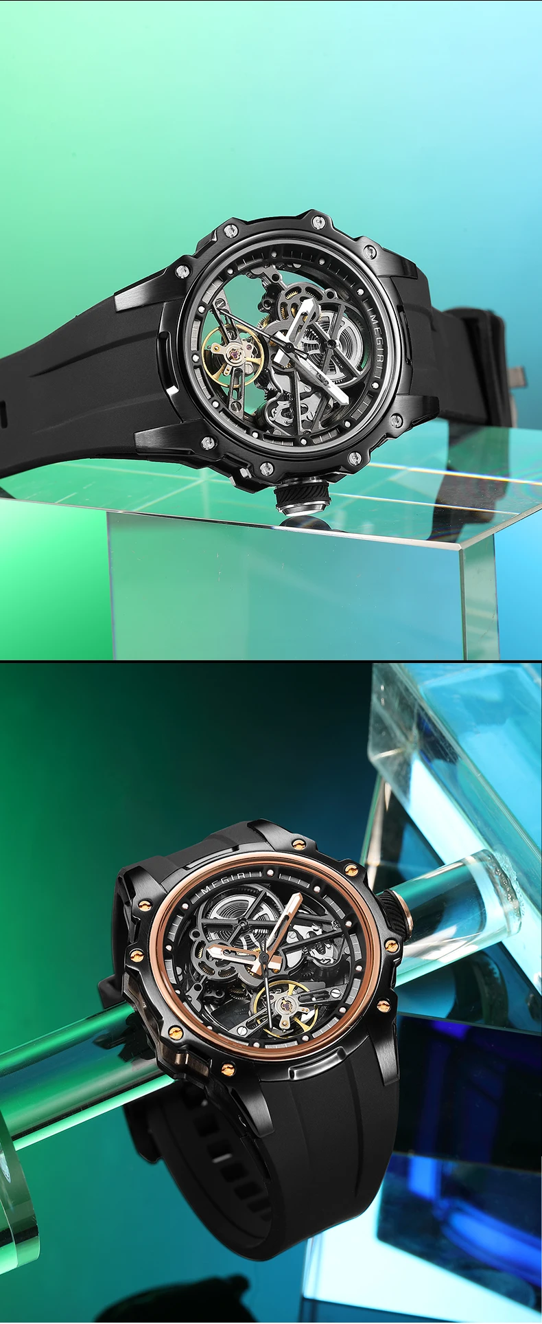 MEGIR Skeleton Dial Automatische Mechanische Uhr Männer Edelstahl Gehäuse Wasserdicht Leuchtende Sport Armbanduhr mit Silikon Armband – Detail 10
