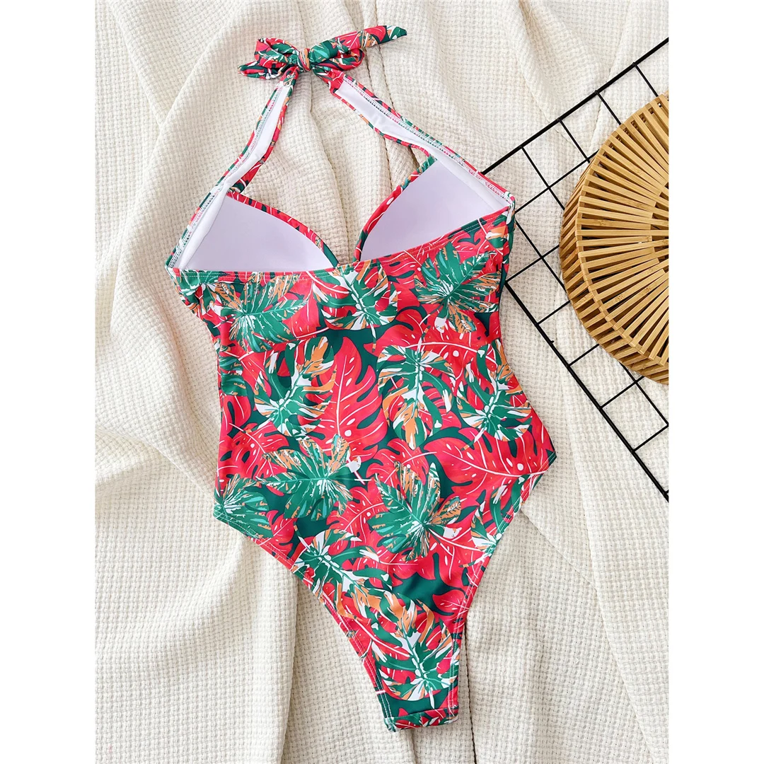 Bedruckter Neckholder-Badeanzug mit V-Ausschnitt und integriertem BH, einteiliger Badeanzug für Damen, Monokini mit hohem Beinausschnitt, Badebekleidung, Badeanzug, Modell V5739. – Detail 9