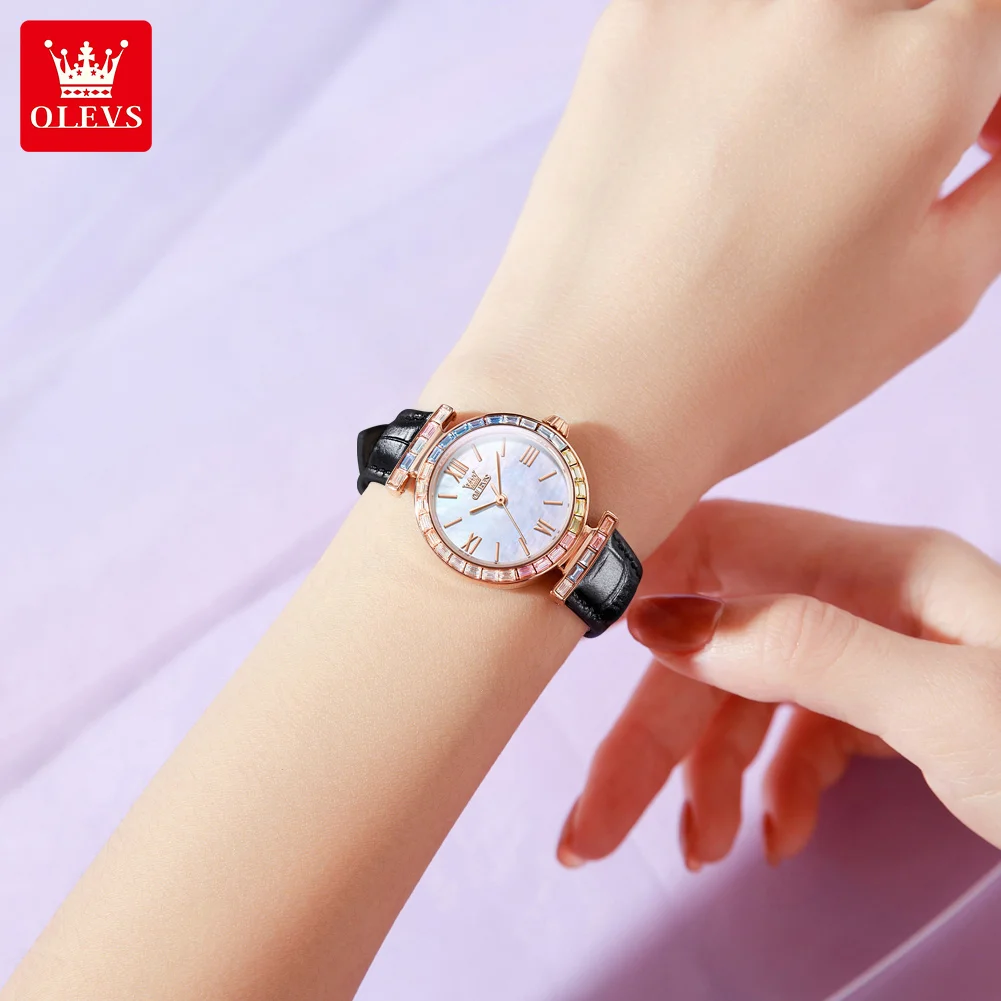 2Pcs Set Quartz Bracelet Watch OLEVS Luxury Waterproof Leather Strap Ladies Wristwatch Colorful Diamonds Watch for Women