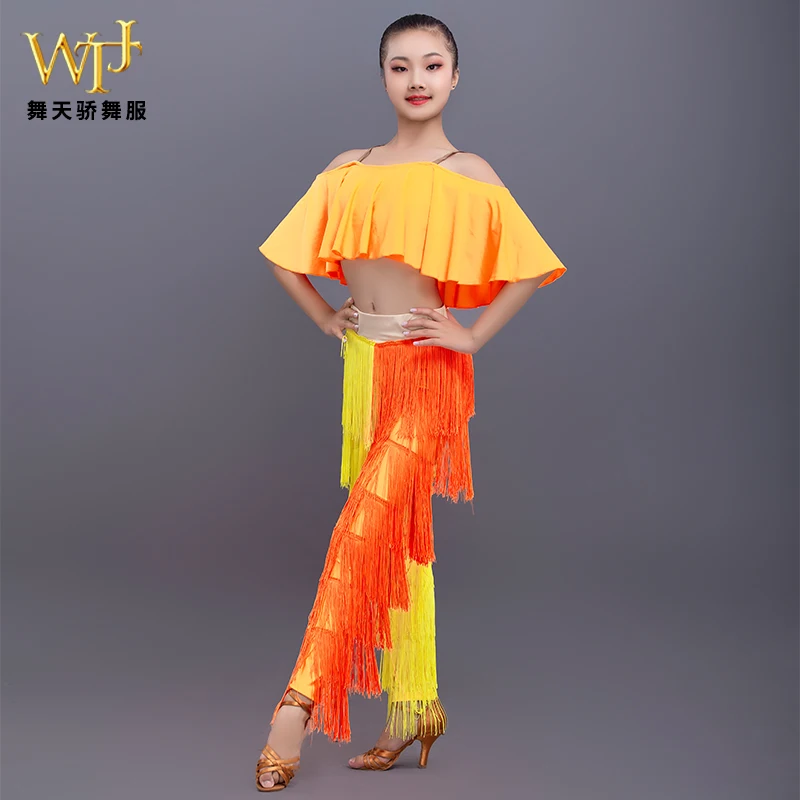 Ropa de baile latino para niñas, conjunto de pantalones con borlas, traje de entrenamiento profesional, traje de actuación de competición de baile para niños