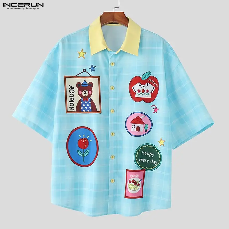 

Мужская рубашка INCERUN с принтом в клетку, пэчворк, с отложным воротником, с коротким рукавом, летняя, свободного кроя, модная, для отпуска, повседневная, мужская верхняя одежда 2026