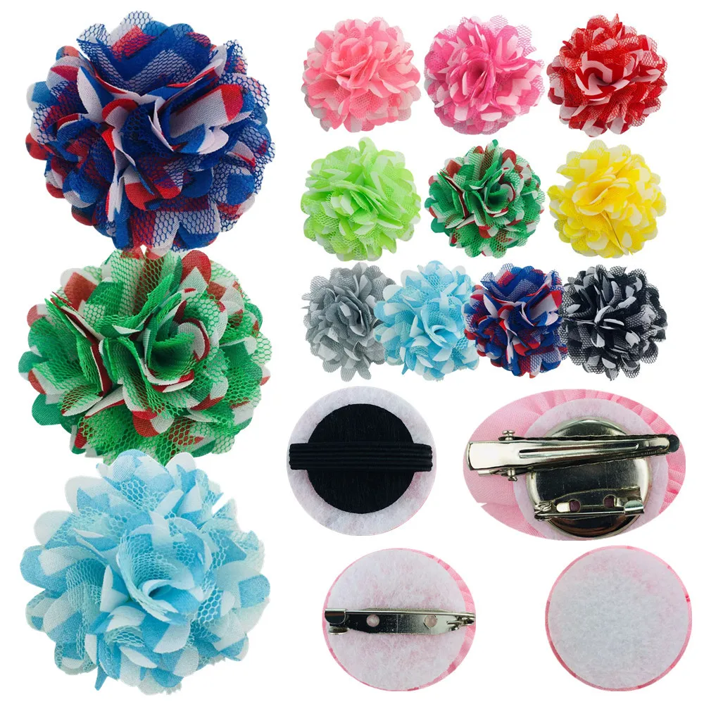 

400pcs Wholesale New 5cm Chiffon Pet Charm Flower Us Flag Print Striped Wave Cat Dog Headpiece Corsage Shoe