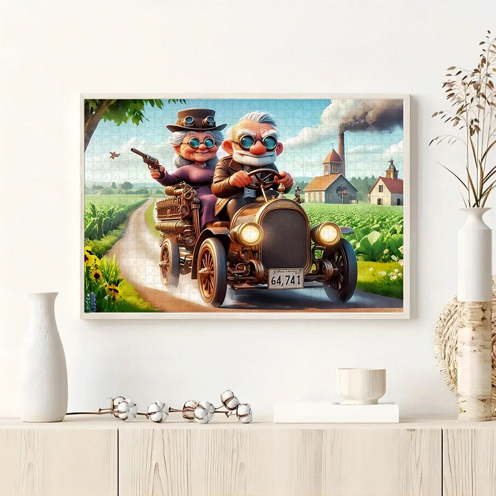 Puzzle vintage da 1000 pezzi: affascinante coppia di anziani in auto convertibile retrò, puzzle di grandi dimensioni per adulti e famiglie