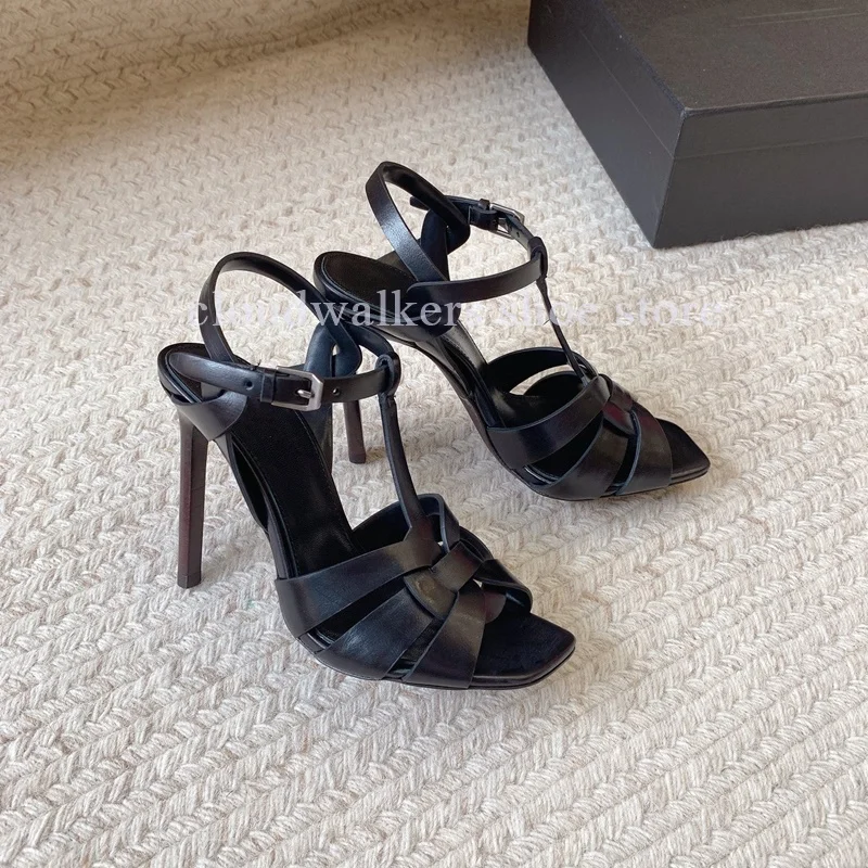 Fashion Cross Woven Strap Design Peep Toe Sandals Sexy Side Hollow Ankle Strap Buckle Stiletto Sandals Glitter Party Dress Shoes