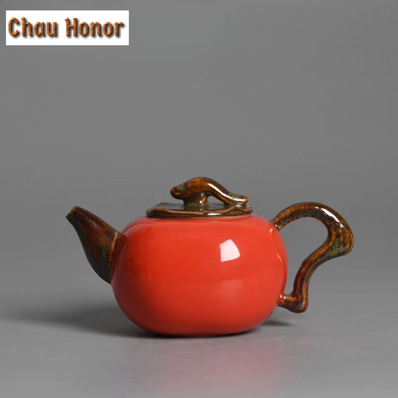 270ml Retro Handmade Persimmon Ceramic Teapot Vermilion Glaze Kung Fu Tea Personal Master Pots Customized Teaware Gift Packaging