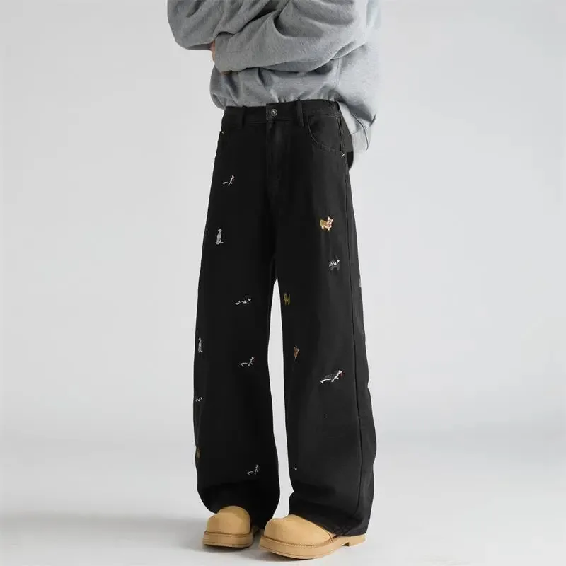 【Mirrordust】American Style Embroidered Vintage Jeans for Men Loose Wide-Leg Casual Long Pants Korean Style