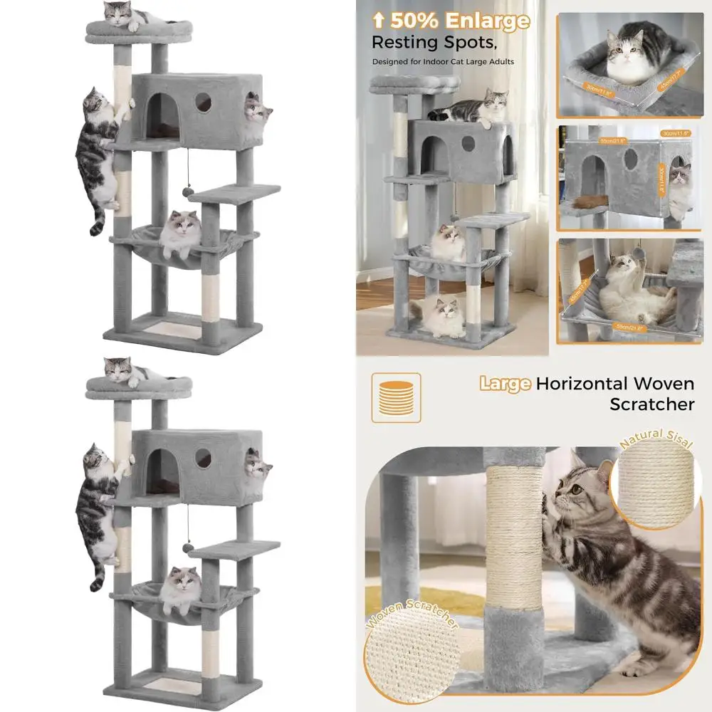 

Когтеточка-домик 54 XL серого цвета с гамаком, столбиками для царапания, верхней лежанкой, домиком-квартиренкой и шариком