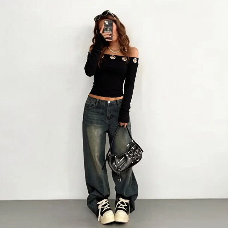 Women Solid Off Shoulder Crop Top Long Sleeve Metal Ring Eyelet Detail Bodycon Slim Fit Y2K Summer Casual Short Top