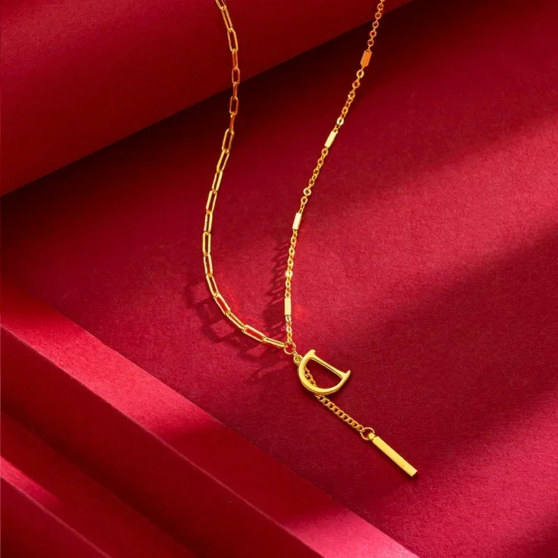 Eldorado Gold  High - Quality 9999 24K Gold Letter D Collarbone Necklace, Exquisite Design