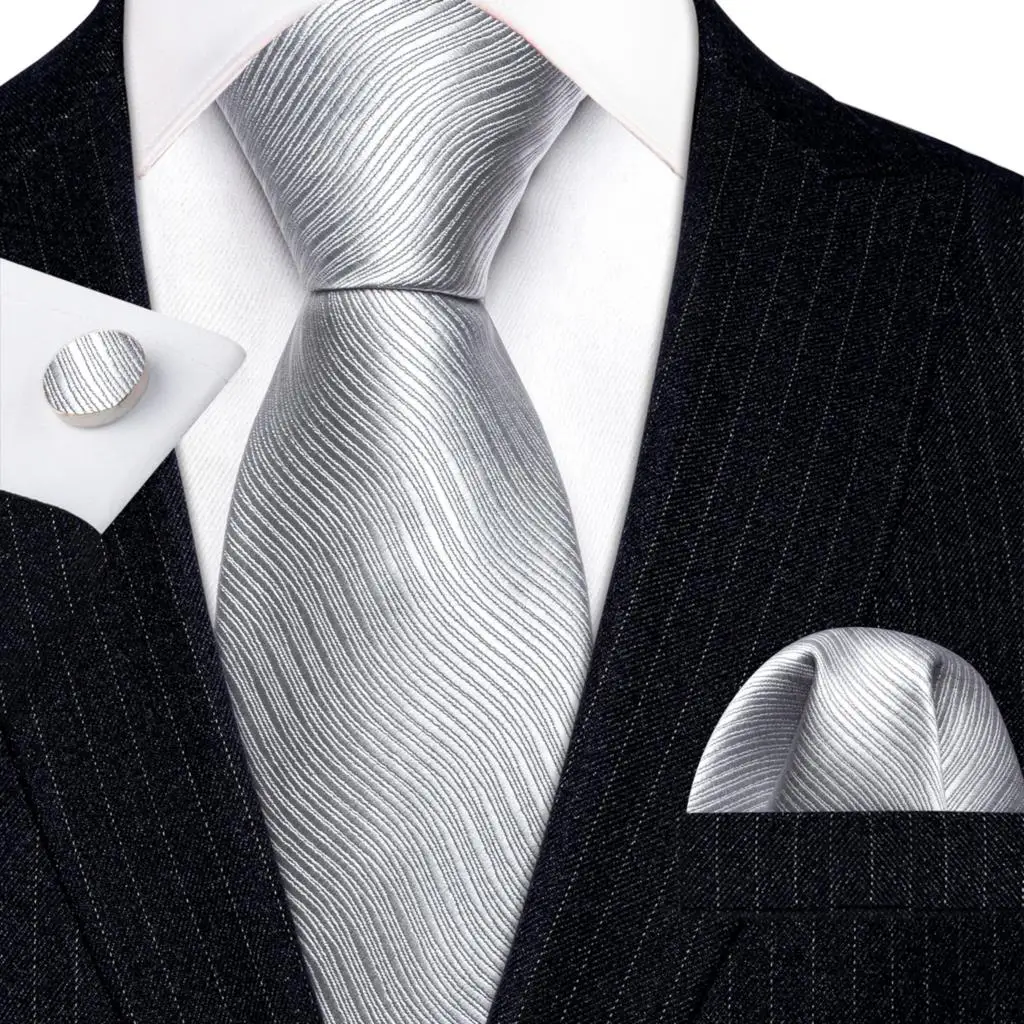Ensemble de cravates pour hommes, boutons de manchette Erra Wang, gris, noir, argent, blanc, rayé, plaid, solide, cachemire floral, cou