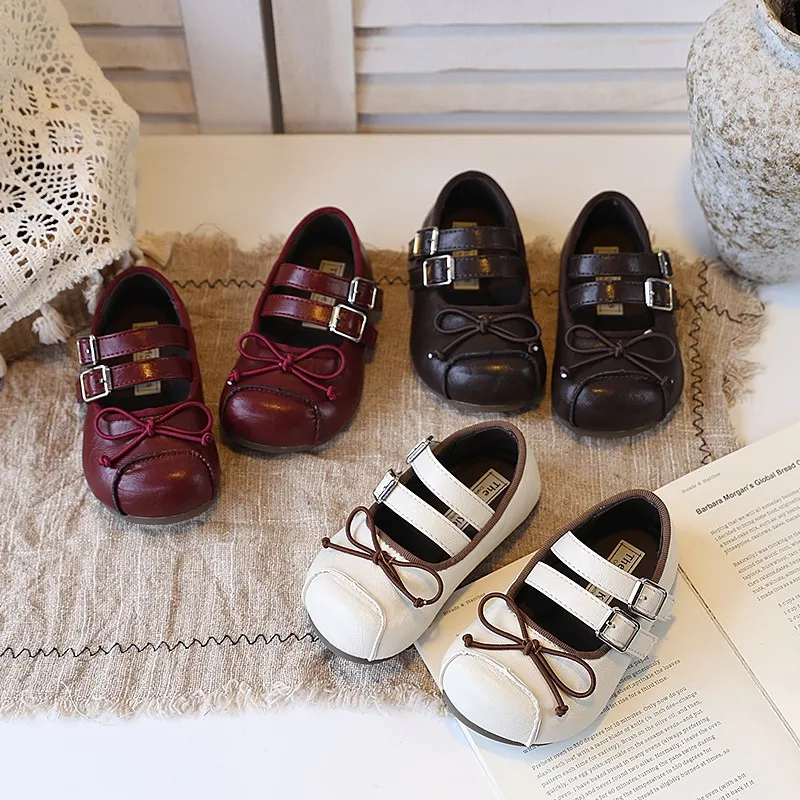 

Toddler Girls Soft Leather Shoes with Double Buckles 2026 New Spring Kids Ballet Flats Bow Non-slip Classic Retro Party Footwear