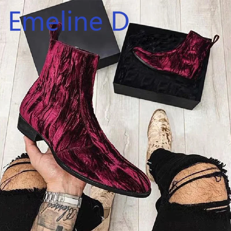 

Wine Red Suede Short Boots Men's New Fashionable Pointed Height Increasing Thick Bottom Zipper Design Trendy Chelsea Boots