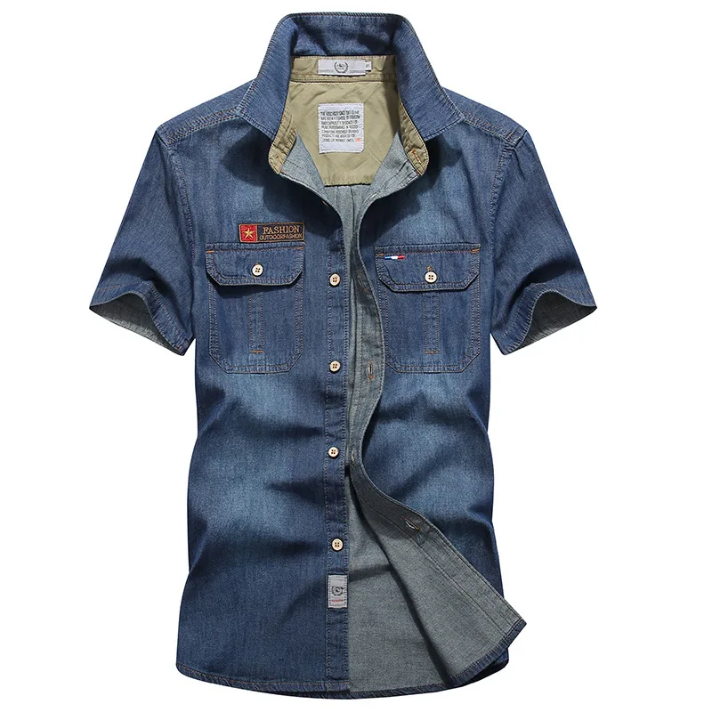 

Summer New Denim Short-sleeved Shirt Men's Retro Shirt Casual Multi-pocket Loose and Versatile Men's Top Men Shirts