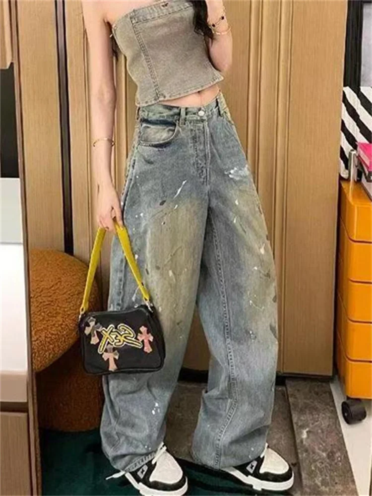 Botvotee スプラッター ペイント ヴィンテージ ウォッシュ ジーンズ ハイウエスト バギー グラフィティ デニム パンツ ポスト アポカリプス ワイドレッグ ドラッグ ヘム ジーンズ