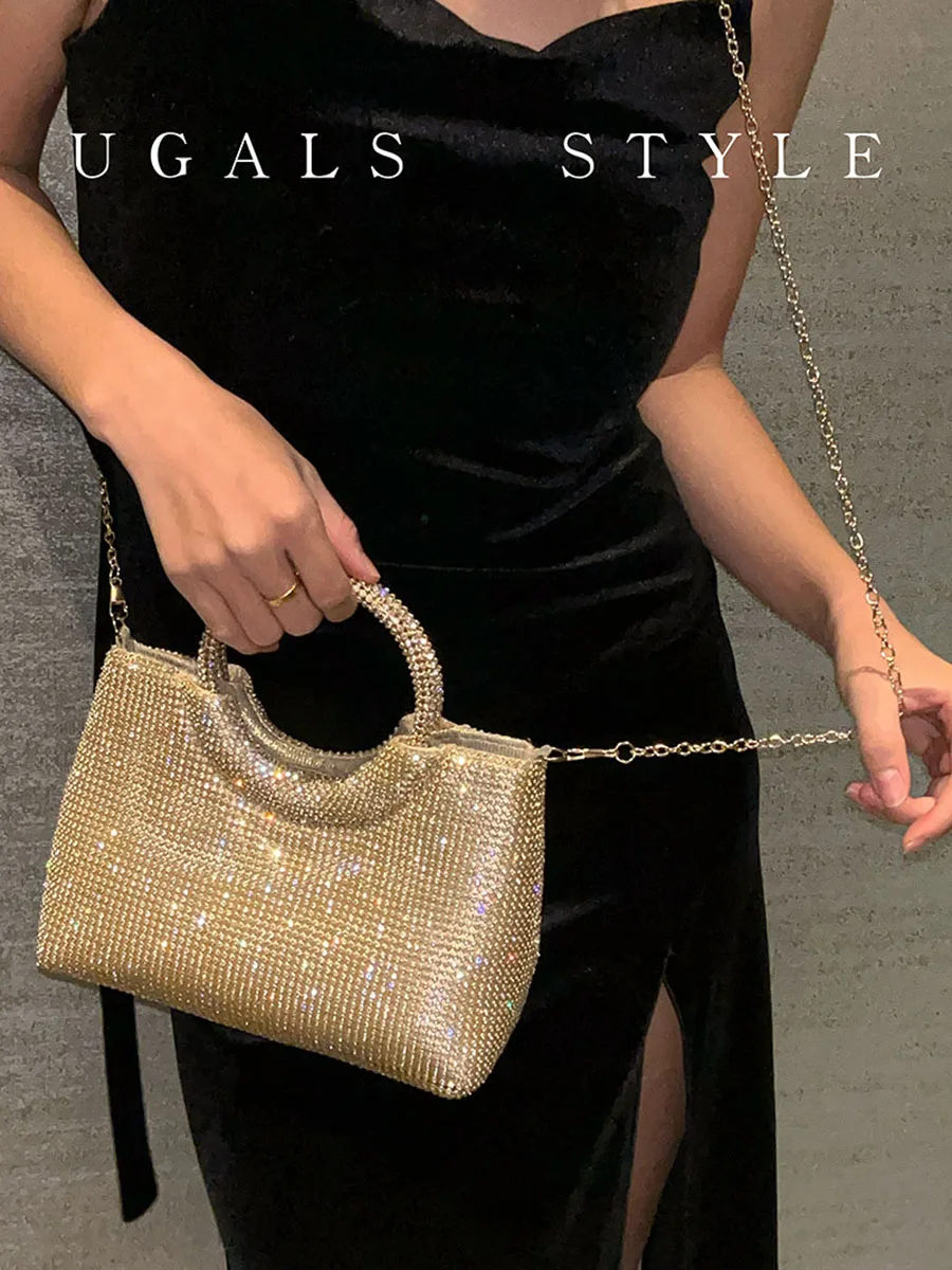 

UGALS Luxury Diamond Encrusted Dinner Bucket Handbag Shiny round Ring Clutch Crossbody Bag for Women Elegant British Style