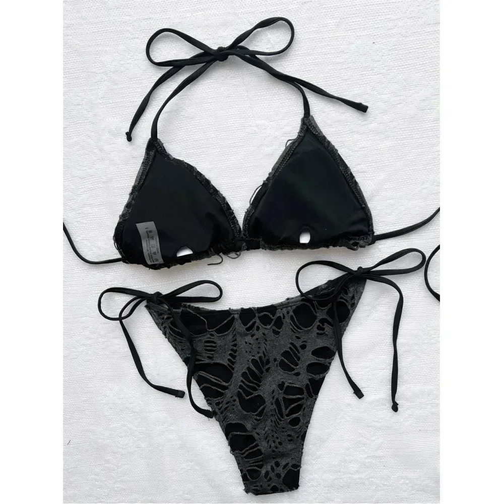 Gothic Grunge Swimsuit Distressed Micro Bikini Y2K Bathing Suits Halter Strappy Lace Up 2025 Trend Woman Punk New Beach Swimwear