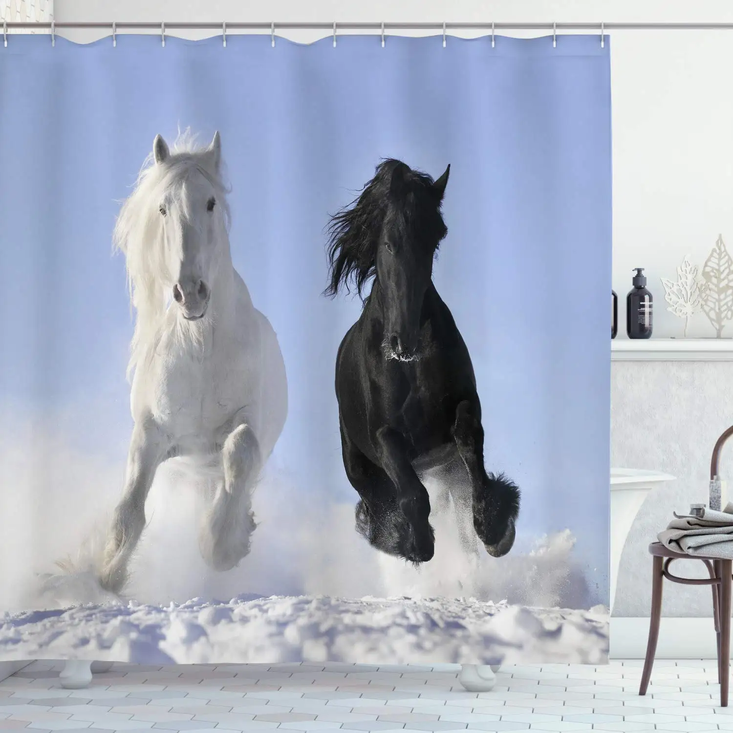 

Horses Shower Curtain,Competing Racing Black and White Horses on Snow and Evil Mythical Symbolic Creatures Bathroom Curtains Set