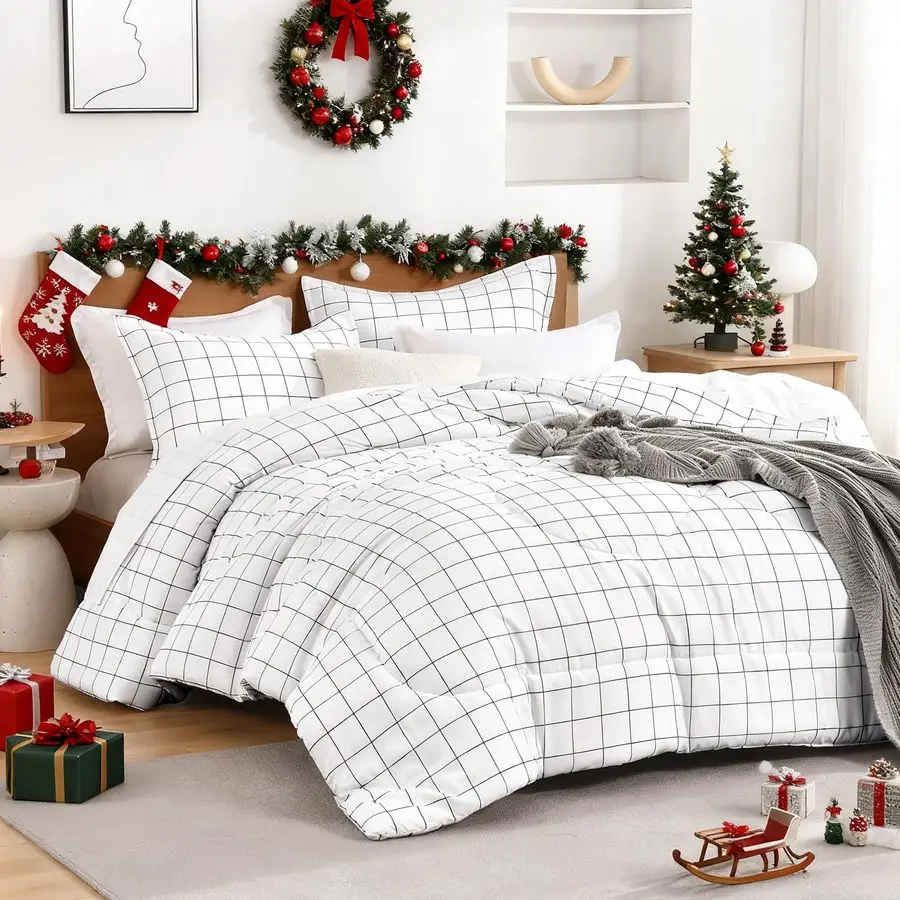 

Full Size Comforter Sets, White Gingham Plaid Grid Checkered Bedding Comforter Set for Teens Boys Girls Kids, 3 Pieces Lightweig