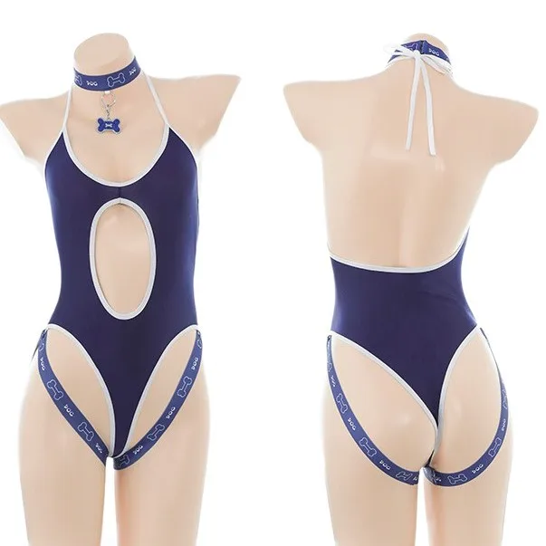 Traje de baño japonés sexy con diseño de perro pequeño y lindo, estilo mono, con cuello halter y espalda descubierta, con aberturas, para gimnasia, de la serie Abstinence