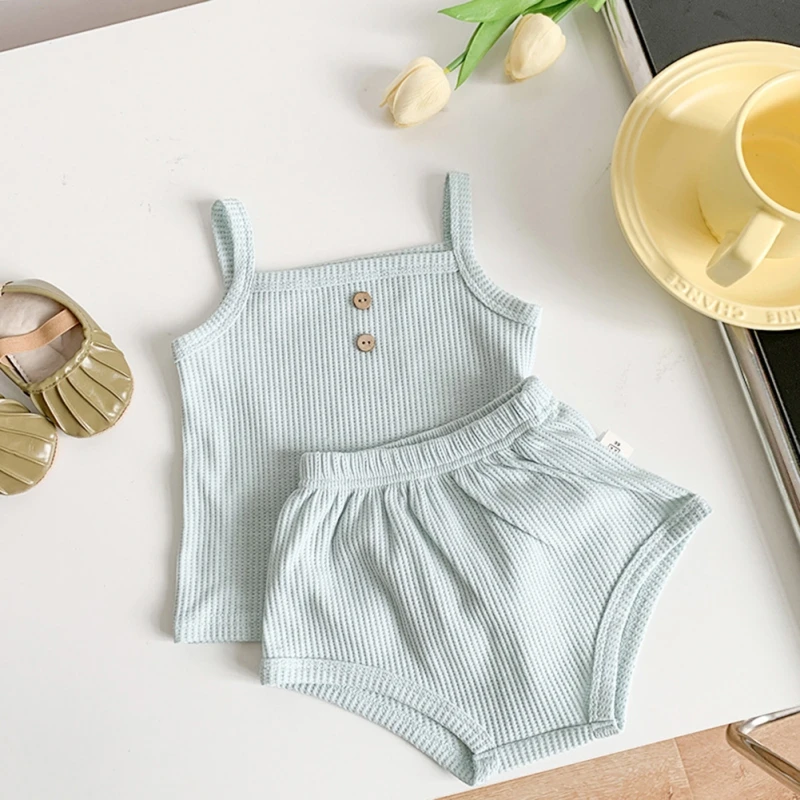 Baby Clothes Sets Summer Toddler Girl Strap Suits Solid Color Baby Boy Tops Tee and Shorts Infant Tracksuit Sets 4-11Y