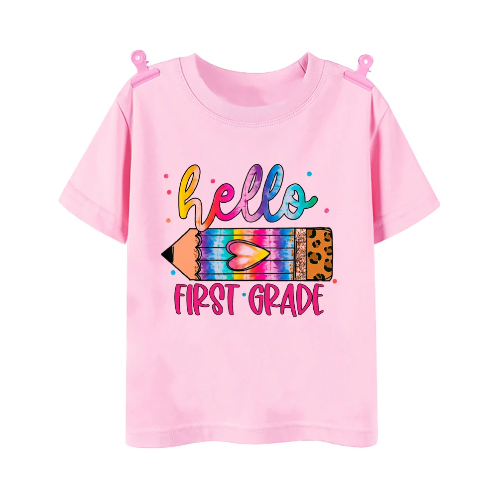 2026 Hello First Grade Leopard Printed Kids Shirt 1-5 Grade Child Back To School Outfit  T-shirt Boys Girls Short Sleeve Clothes
