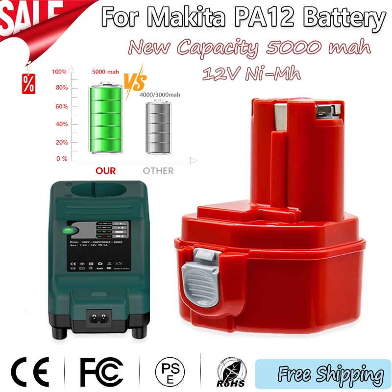 New Capacity 5000mAh 12V For Makita PA12 Ni-Mh Battery For Makita 1200 1220 1201 1222 1233SA/B1235 192681-5 Power Tool Batteries