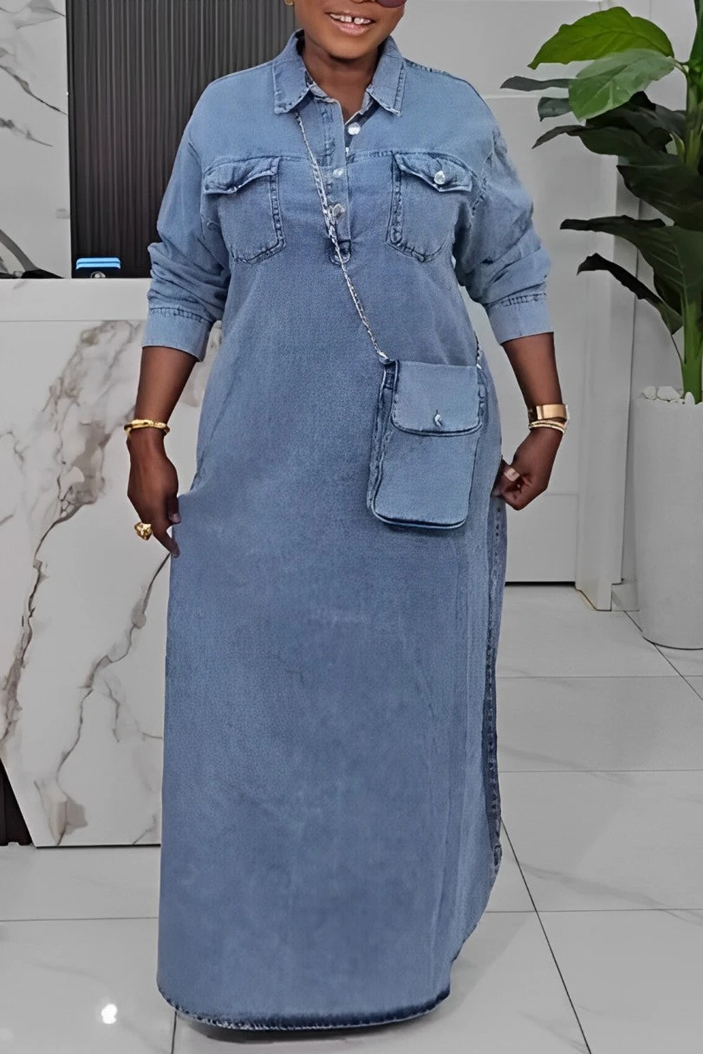 

Plus Size Casual Light Blue Shirt Collar Long Sleeve Button Pocket Tencel Denim Maxi Dresses